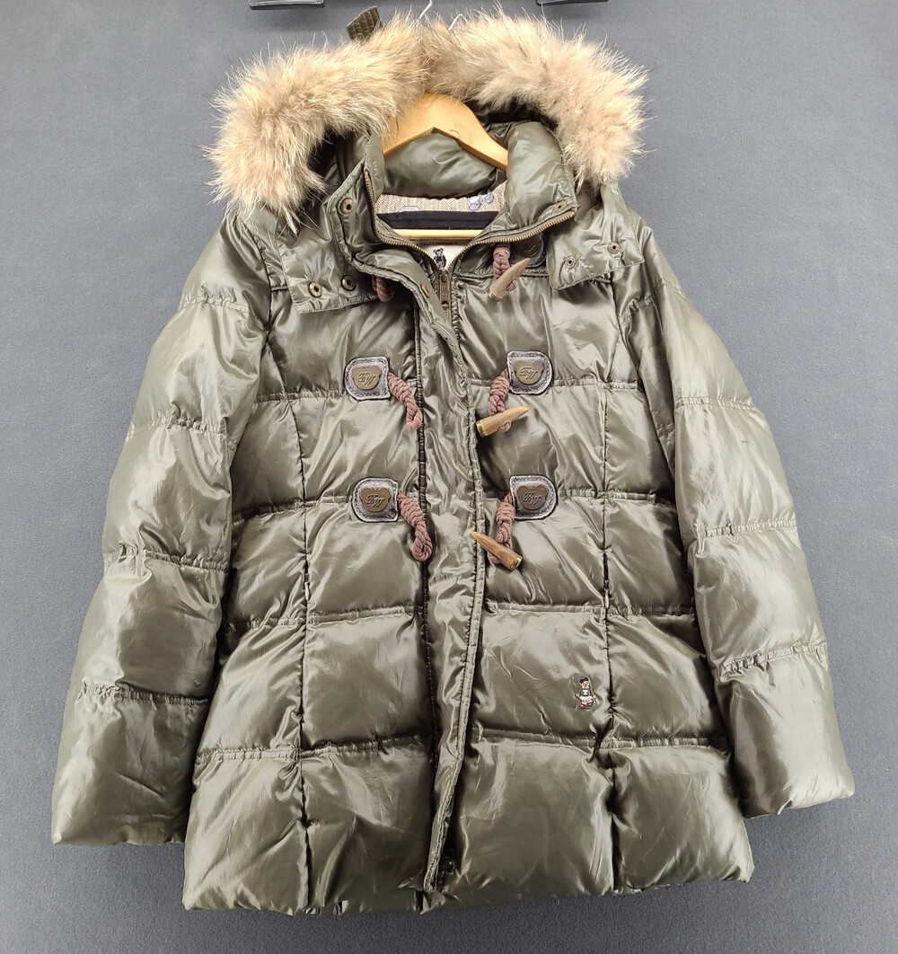 Teenie Weenie Puffer Jacket Womens M Olive Green Toggle Duffle Coat Fur Hood
